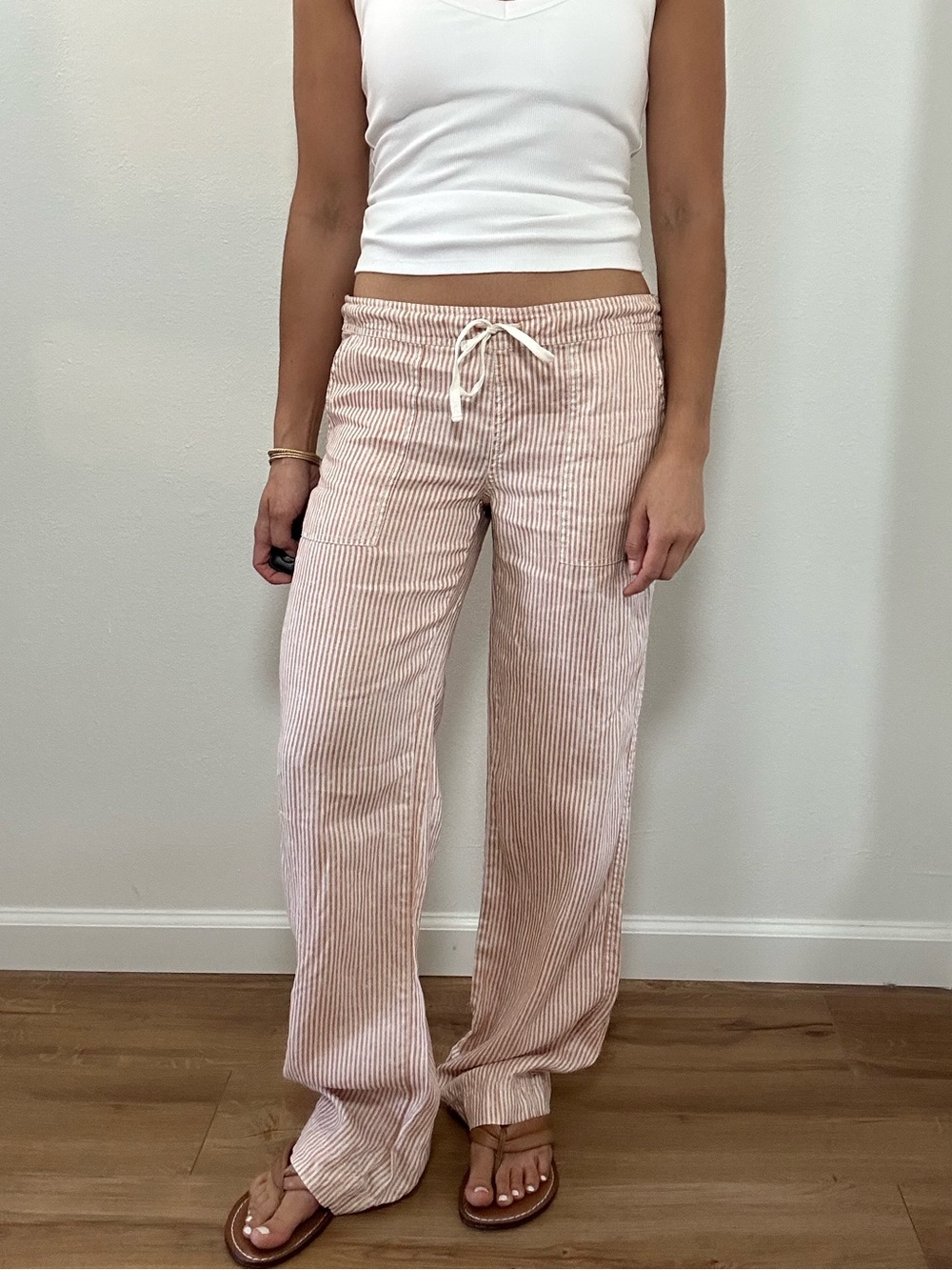 Michael Stars 100% Linen Peach & White Striped Drawstring Straight-Leg Pants S